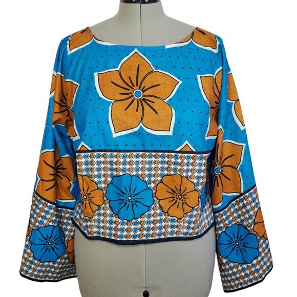 Ashro graphic print cropped cotton top, women's size Large Boho Casual - Picture 1 of 8